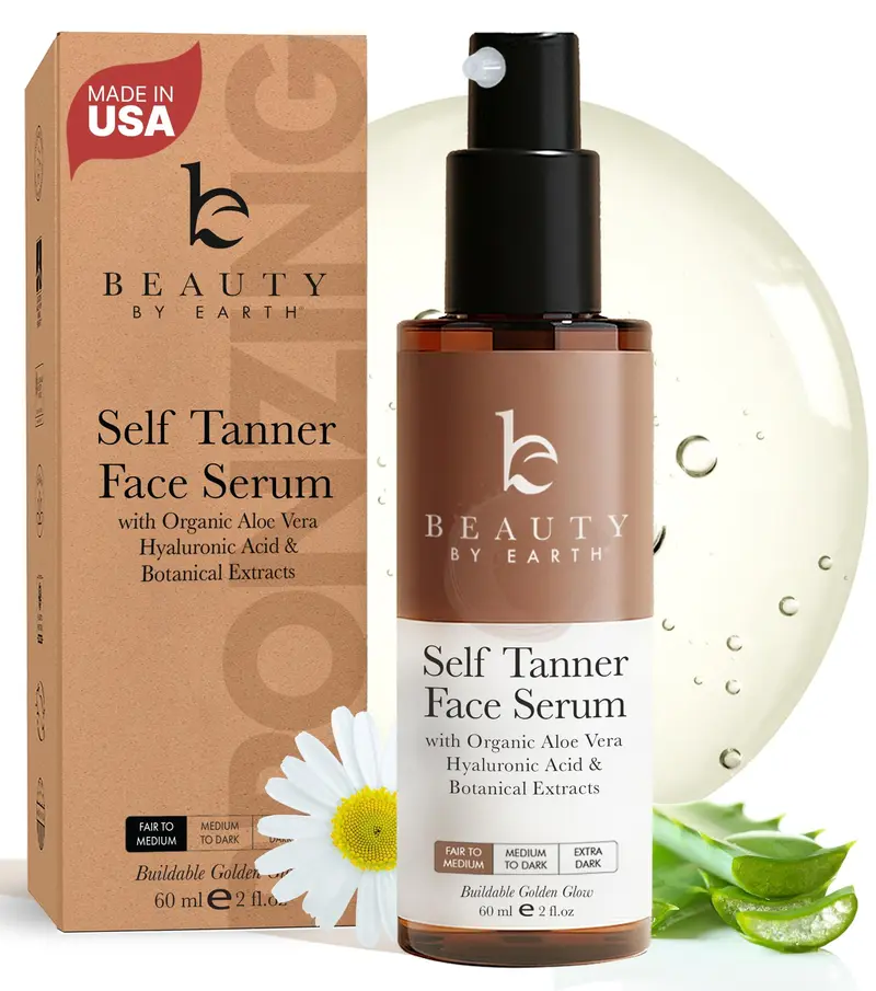 Beauty by Earth Face Tanner Serum – Fabriqué aux États-Unis, Ingrédients Naturels et Biologiques, Acide Hyaluronique Anti-âge, Autobronzant Visage Sans Trace