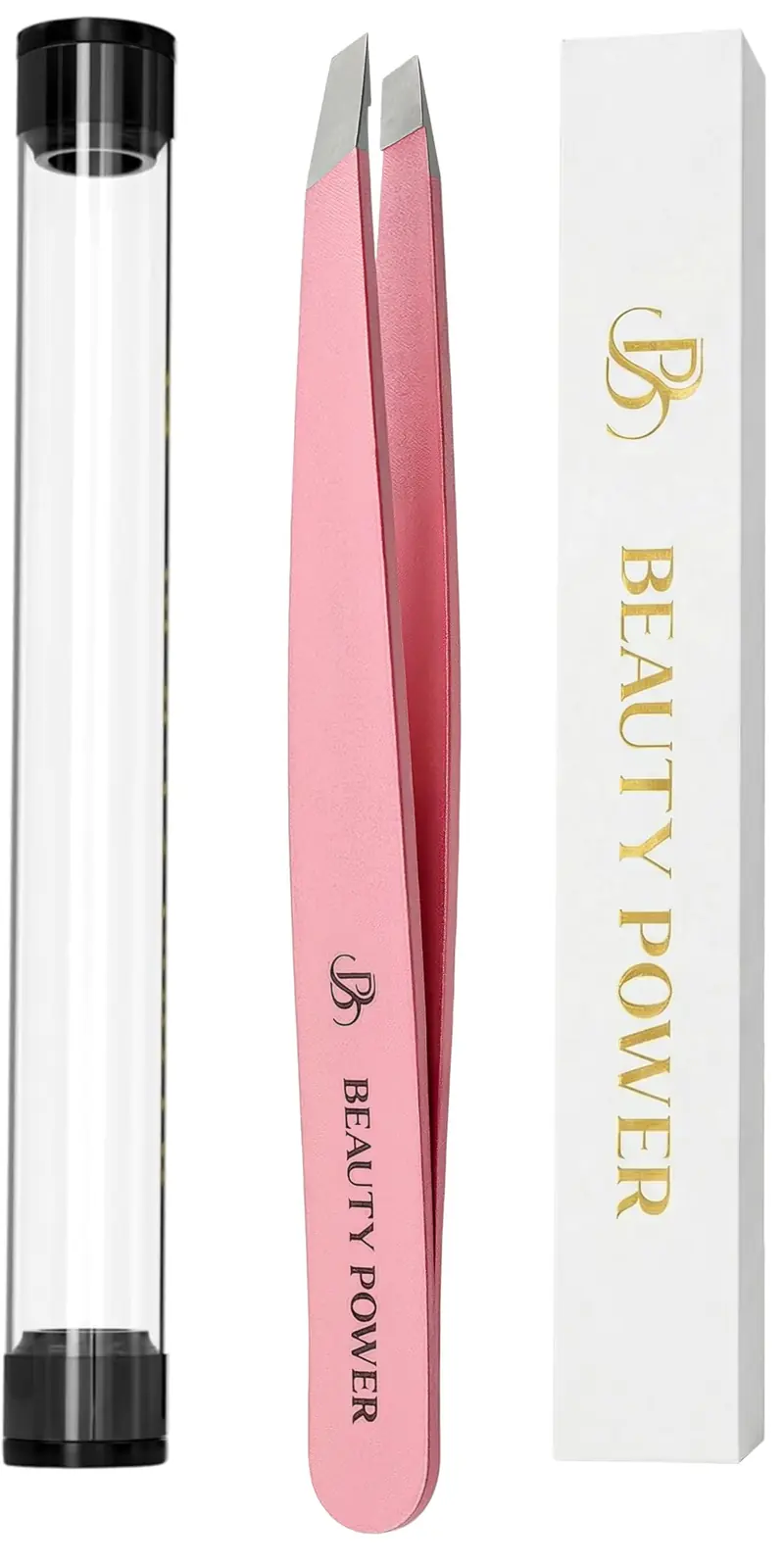 Beauty Power – Pince à épiler professionnelle ultra-précision à pointe inclinée en acier allemand, légère et rose