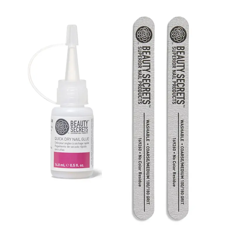 Beauty Secrets Colle Ongles Séchage Rapide 0,5 oz + Lime Zèbre (2 pièces) – Pose rapide et durable