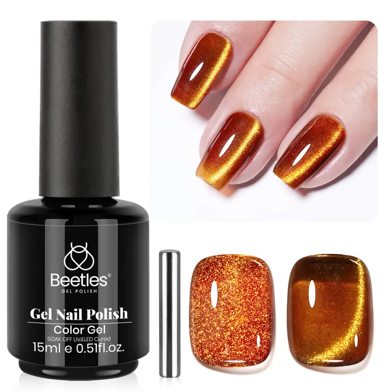 Beetles Brown Cat Eye Gel Vernis - Ambre Brillant avec Poudre Or et Aimant, 15ML