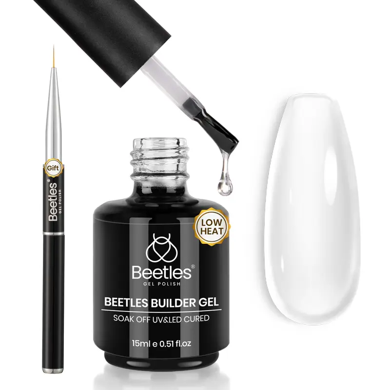 Beetles Builder Gel à Faible Chaleur – Gel Clair 0,5 oz pour Ongles Naturels, Apex et Renforcement, Pinceau Linéaire Détachable, Débutants DIY à Domicile, Nécessite Lampe UV/LED