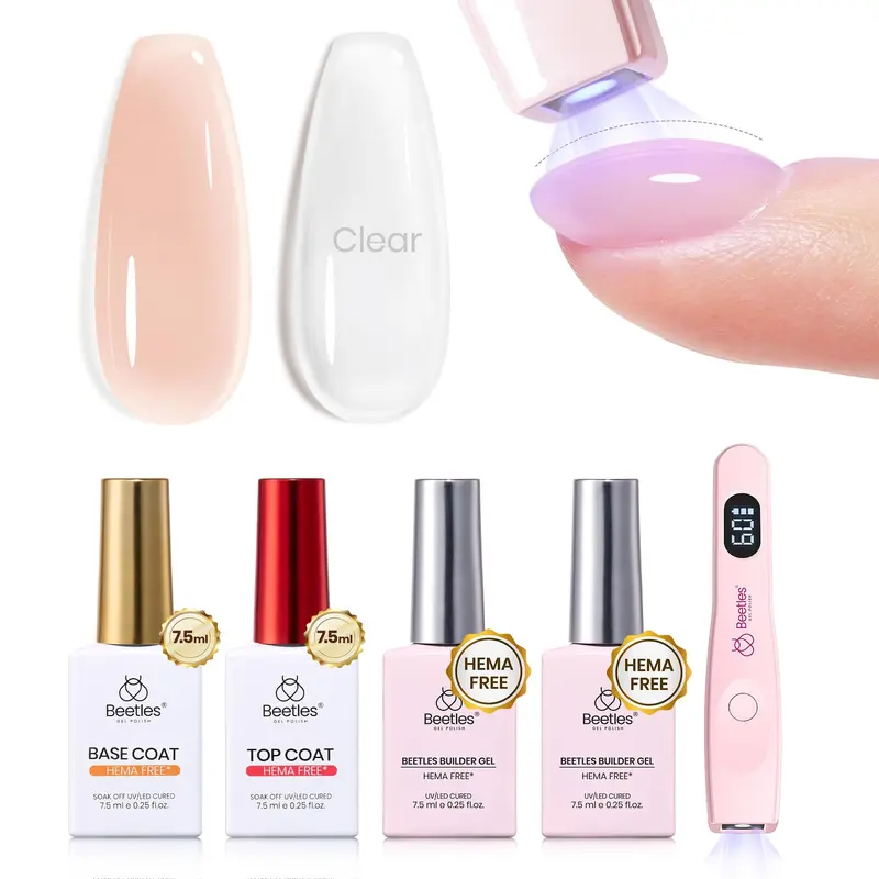 Beetles Builder Gel Kit HEMA Free avec Mini Lampe UV/LED – 8 en 1, Base & Top Coat