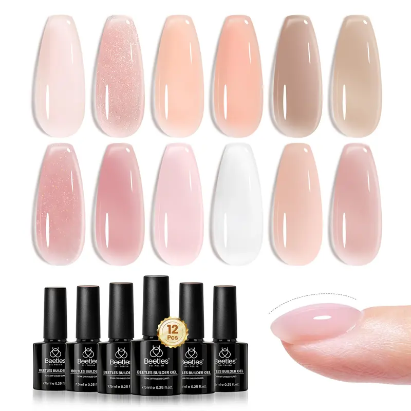 Beetles Builder Gel Set – 12 couleurs Nude Rose, 8 en 1, débutants DIY à domicile