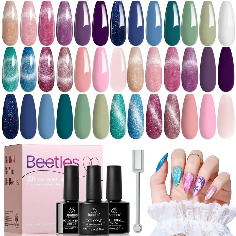 Beetles Cat Eye Gel Polish Set Floral Verses – 20 Couleurs Magnétiques, Base/Top Coat