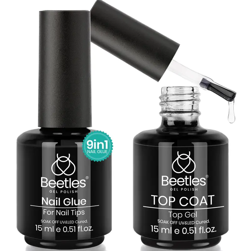 Beetles Colle Gel Ongles et Top Coat Sans Essuyage – Kit 9 en 1 pour Extensions Faciles