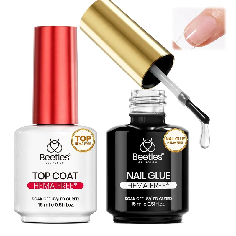 Beetles Colle Ongles HEMA-Free & Top Coat Sans Essuyage – 2 Pièces de 15 ml, Adhésion Forte et Brillance Miroir