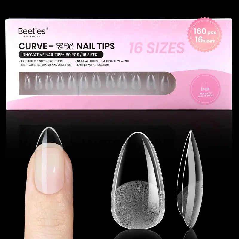 Beetles Curve-EX Ongles en Amande Short — 160pcs, 16 Tailles, Extensions Gel PMMA Faciles