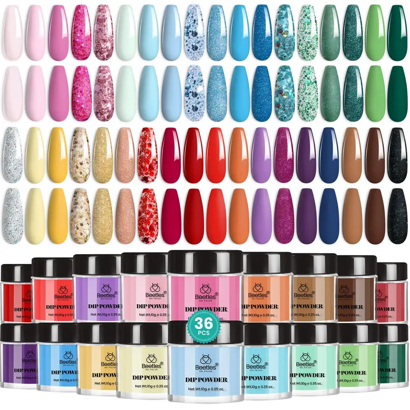 Beetles Dip Powder Kit – 36 couleurs nude/rose/pastel, séchage rapide sans lampe