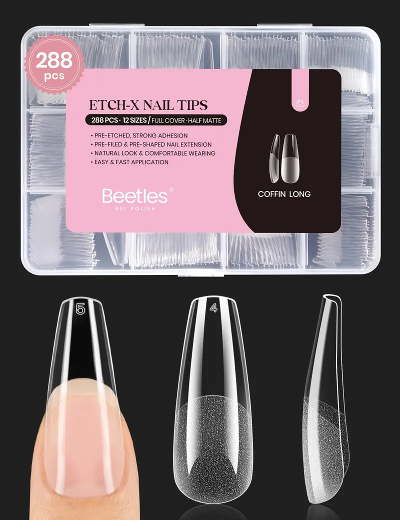 Beetles Embouts Ongles Coffin Long Gel – Pré-Ébauchés, 288 Pièces, 12 Tailles pour Extensions à Poser