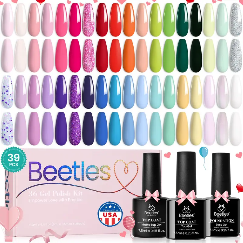 beetles Ensemble vernis gel printemps – 36 couleurs | Base et Finition Brillante et Mat | UV et LED à domicile