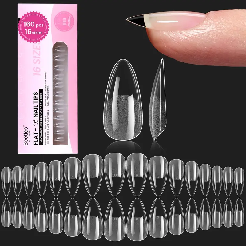 Beetles Extensions Ongles Gel Flat-X Amande Moyen – 160 pièces, 16 tailles, Demi Mat, Pose Facile à Domicile