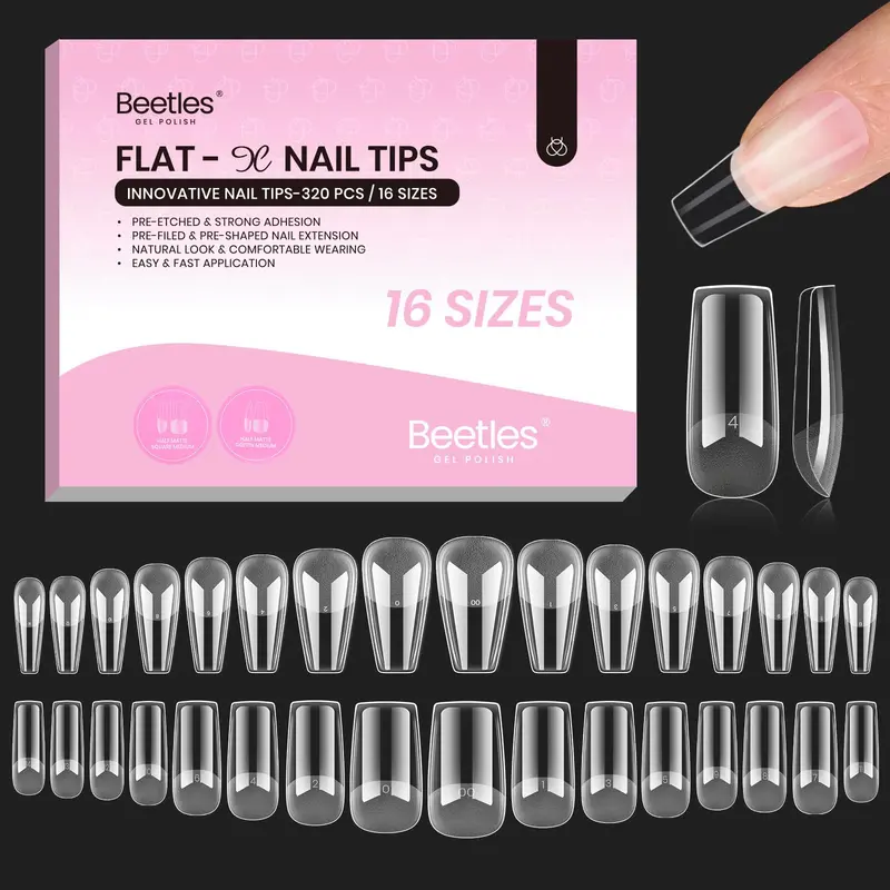 Beetles Flat-X Tips Gel – Carré Coffin Medium, 320 pcs, 16 tailles, Demi-mat