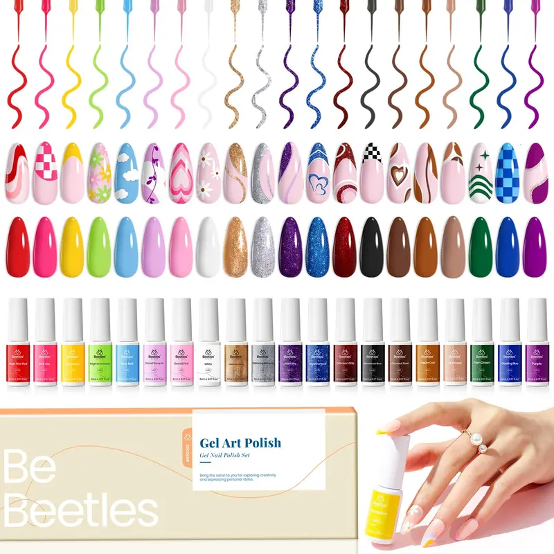 Beetles Gel – Ensemble pour ongles style pointe française, 20 couleurs et pinceau fin