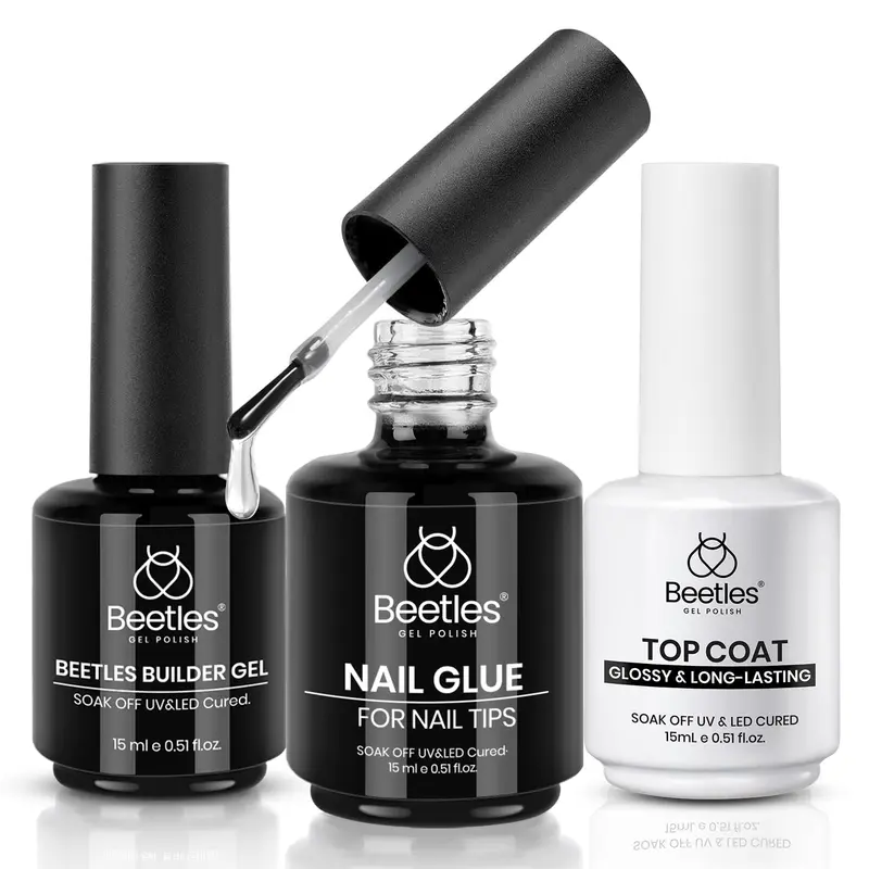 Beetles Gel – Kit Colle Gel Ongles 15ml + Gel de Construction + Vernis Supérieur Ultra Brillant (3 Pièces) UV