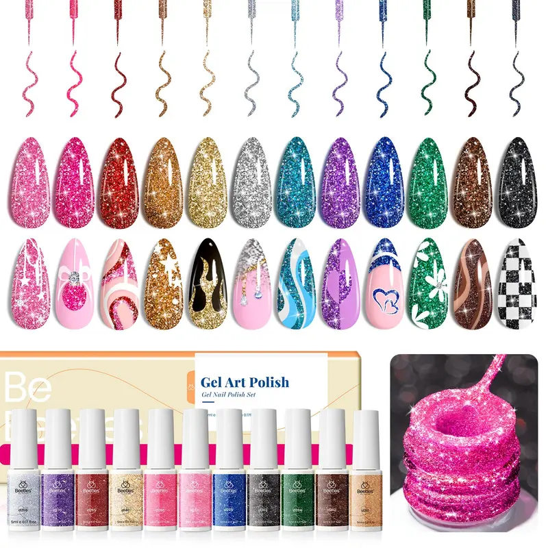 Beetles Gel Liner Vernis Gel – 12 Couleurs Pailletées Reflectives pour Ongles | Durcissage UV/LED et Enlèvement Facile