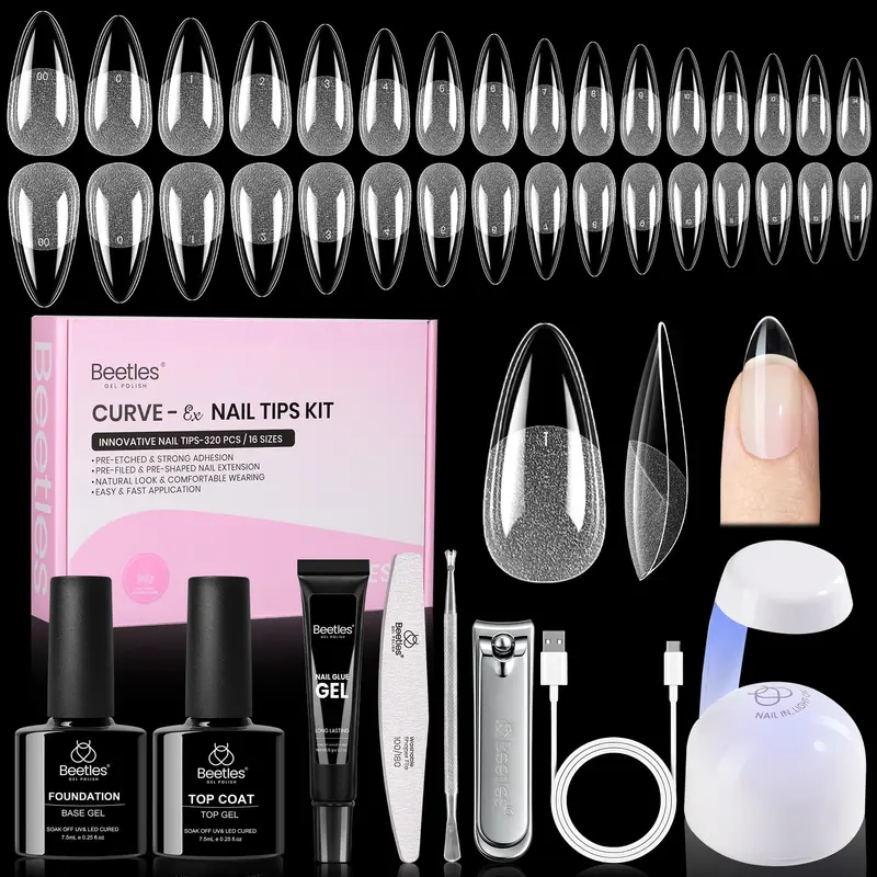 Beetles Gel Nail Kit Curve-EX Almond Medium | 320 embouts, Base Gel & Top Gel 7,5 ml, Mini Lampe