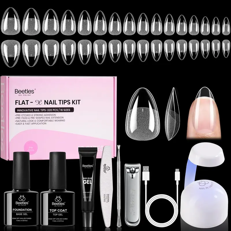 Beetles Gel Nail Kit Flat-X Almond Short – 320 Tips, 16 Tailles, 15 g Colle Gel, Base & Top, Mini Lampe, DIY à domicile