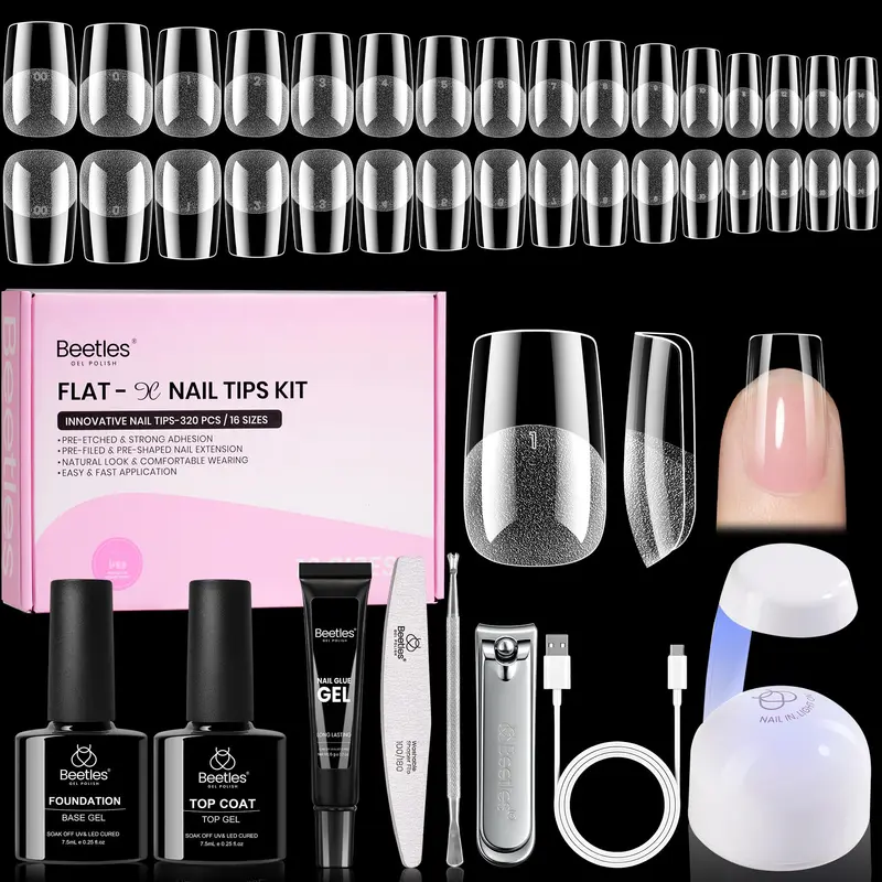 Beetles Gel Nail Kit Flat-X Carré Court — 320 Pièces, 16 Tailles d'Embouts, Colle Gel 15 g, Base Gel & Top Coat 7,5 ml, Mini Lampe – DIY Ongles à Domicile