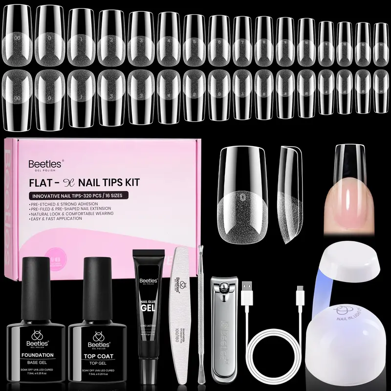 Beetles Gel Nail Kit Flat-X Carré Medium – 320 pointes, Colle Gel 15 g, Base & Top 7,5 ml, Mini Lampe – Atelier à domicile