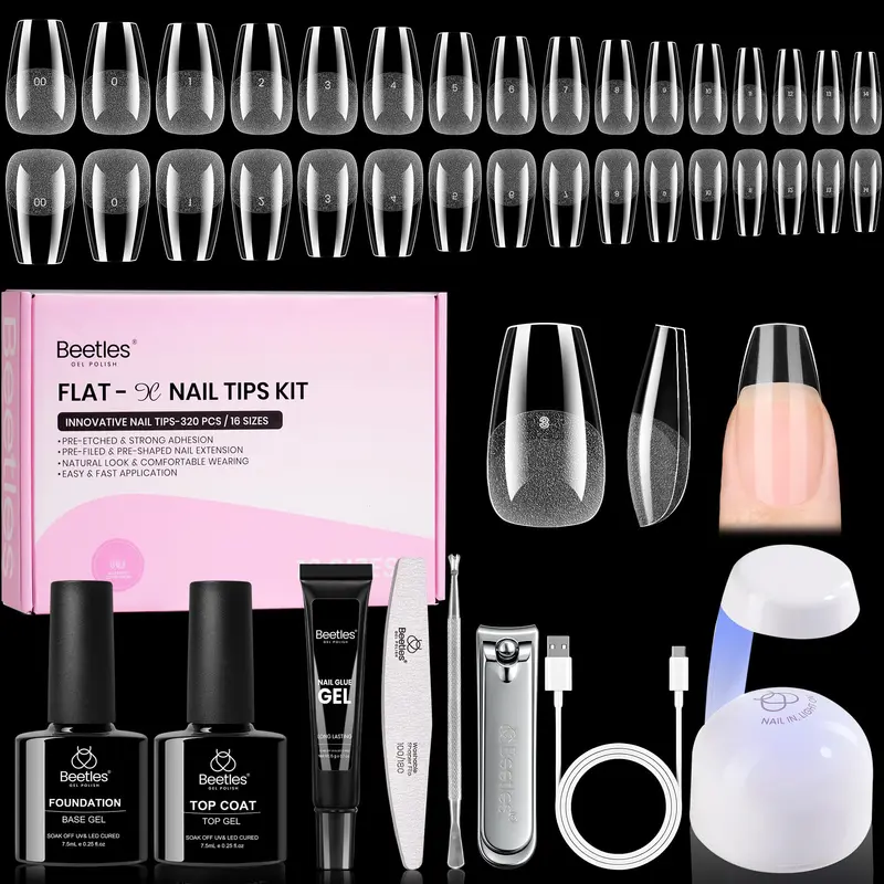 Beetles Gel Nail Kit Flat-X Coffin Short — 320 extensions d’ongles, colle gel 15 g, base & top 7,5 ml, mini lampe, DIY à domicile