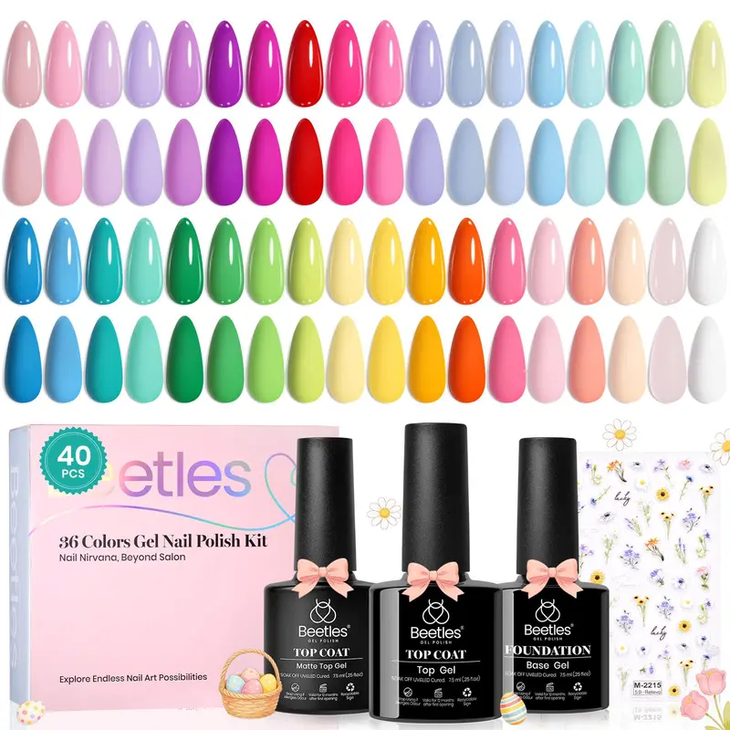 Beetles Gel Nail Polish – Ensemble Gel 40 Pièces, 36 Teintes | Kit UV LED avec Base et Top Coat – Collection Pétale Symphonie