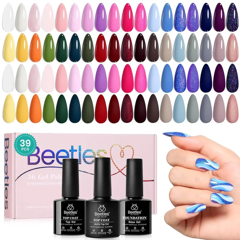 Beetles Gel Nail Polish – Palette 36 couleurs avec Base & Top Coat, UV/LED, Soak Off – Cadeau pour femmes et filles