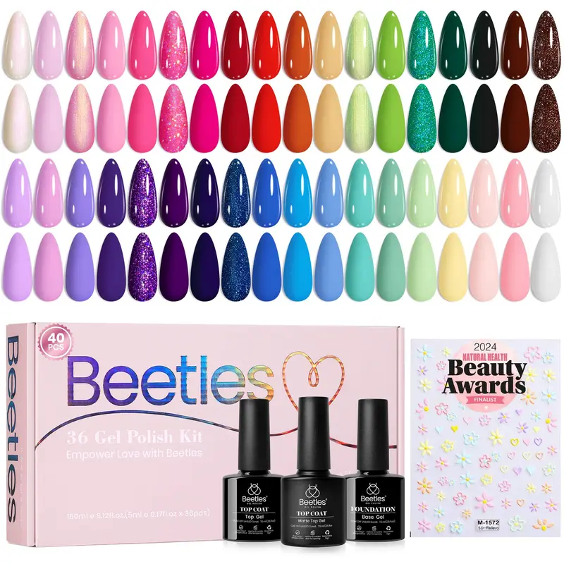 Beetles Gel Nail Polish Set Printemps – 36 teintes, 3 bases et couches sans essuyage, motifs fleurs 5D, cadeau Saint-Valentin pour femmes