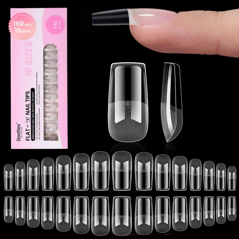 Beetles Gel Nail Tips Flat-X – Embouts d’Ongles Carré Moyen, 160 pièces, 16 tailles, Fini Demi Mat, Pose Facile