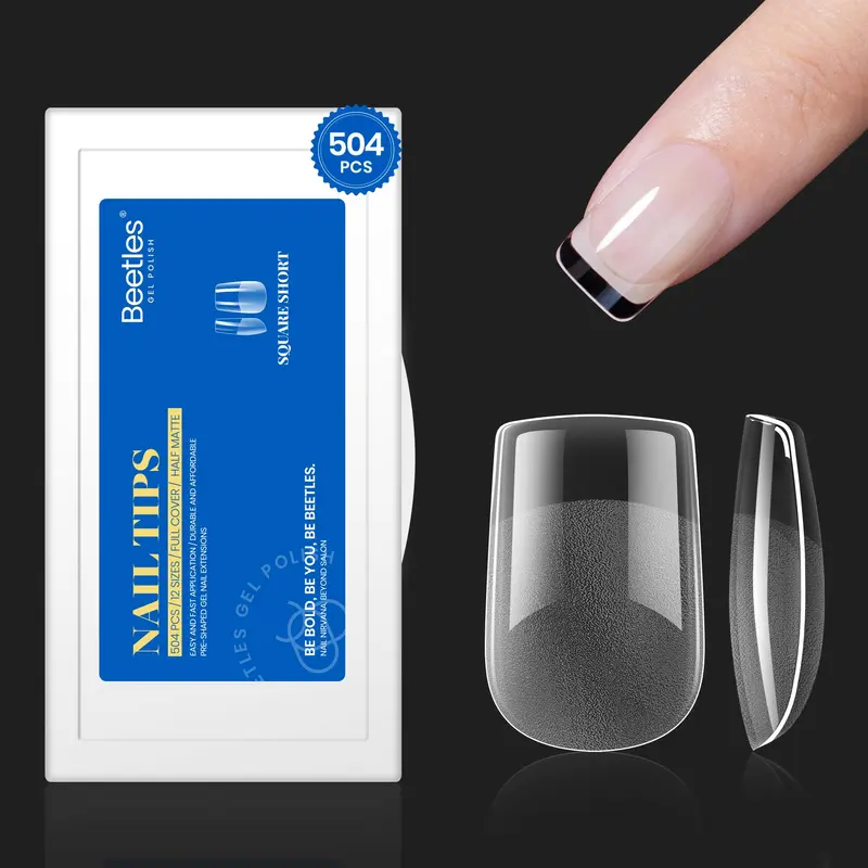 Beetles Gel Polish – 504 Pièces Tips Ongles XS Carré Court, 12 Tailles, Pleine Couverture Transparentes, Ongles Press-on