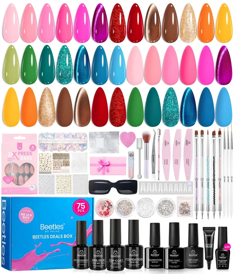 Beetles Gel Polish – Coffret 75 pièces, 20 couleurs, effet œil-de-chat, finitions brillantes et mates – Kit vernis ongulaire à domicile