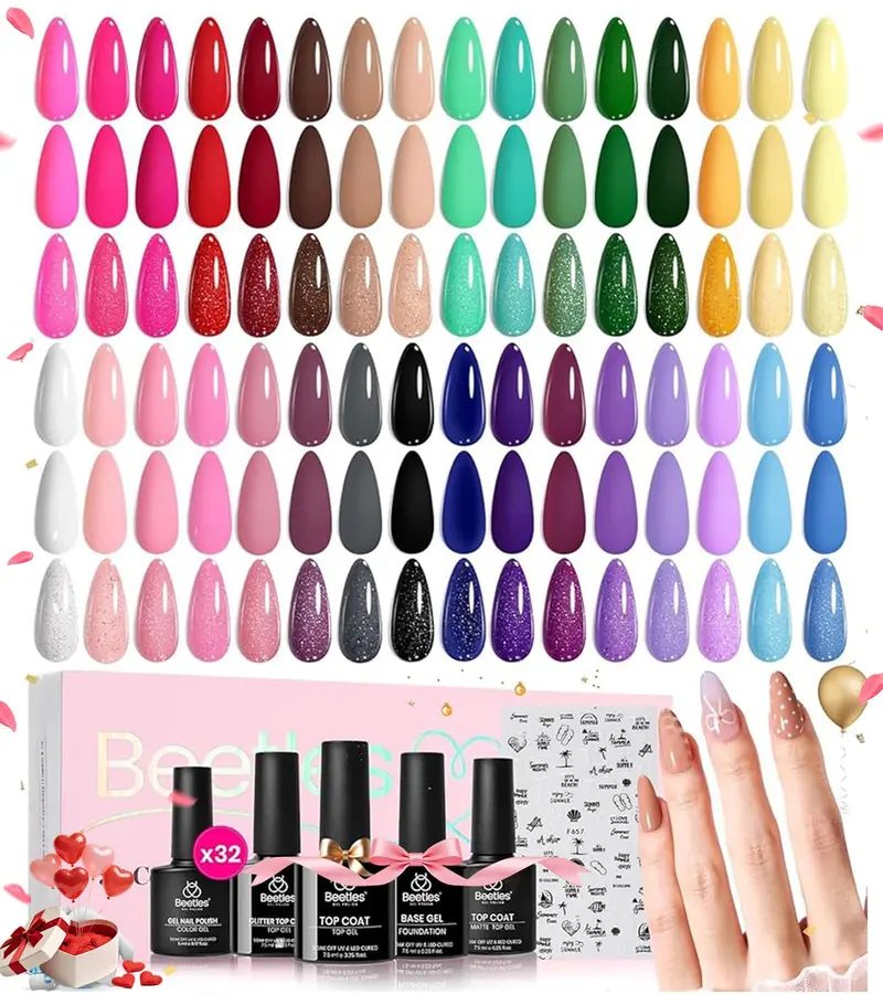 Beetles Gel Polish Coffret Printemps 32 Couleurs – Base/Top Coat UV/LED, Cadeau Femme