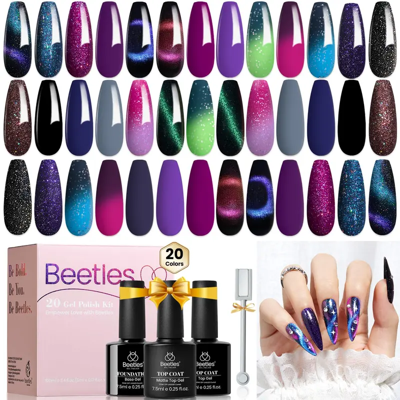 Beetles Gel Polish – Ensemble Effet Œil-de-Chat, 24 pièces, 20 couleurs, Base & Top Coat, Coffret Cadeau Ongles