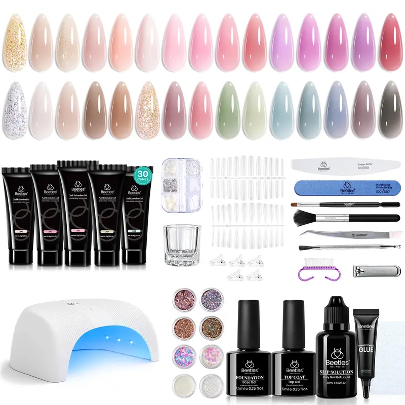 Beetles Gel Polish – Kit Gel Poly Extension 30 couleurs avec Lampe UV-LED, Tout-en-Un pour Manucure à Domicile