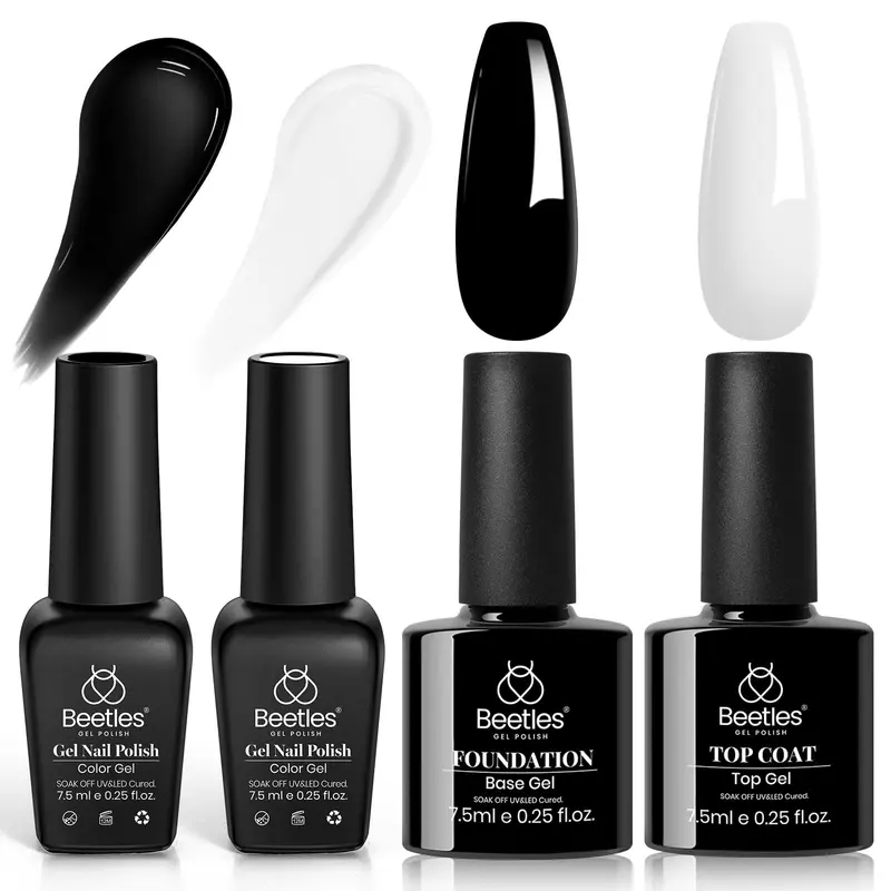 Beetles Gel Polish Noir et Blanc – Kit 4 Pièces avec Base et Finition, Lampe LED UV, DIY Salon à Domicile