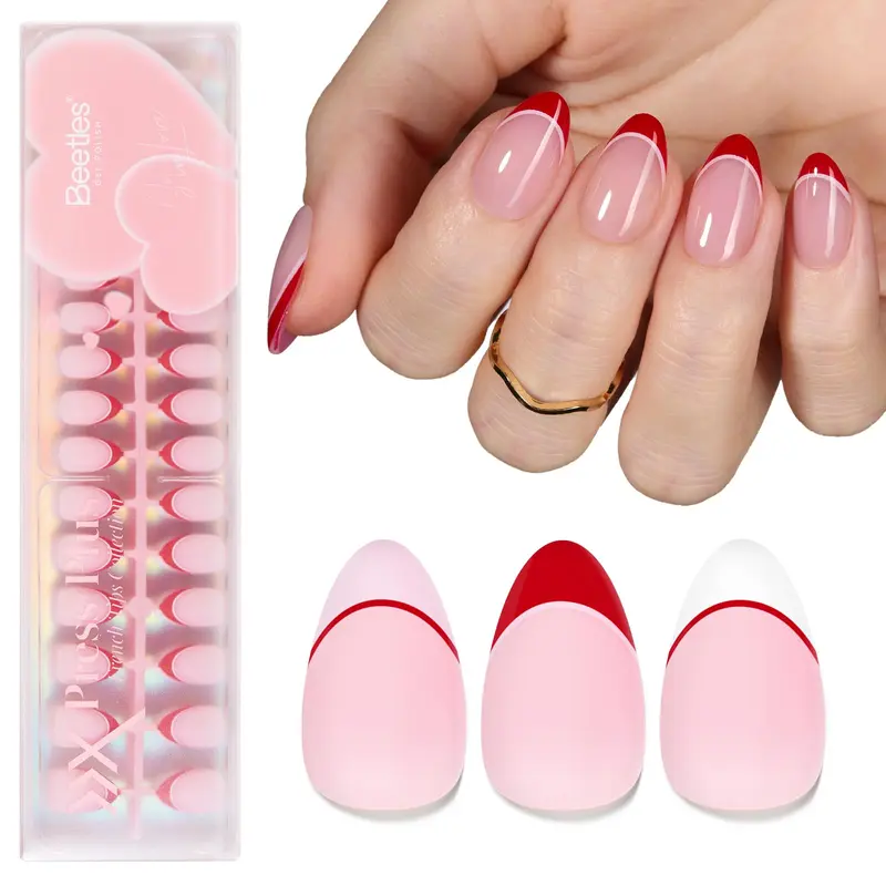 Beetles Gel Polish — Ongles Press On Saint-Valentin, Rêve Romantique | 3 Couleurs Courts en Amande avec French Tip | 16 Tailles, 192 pcs