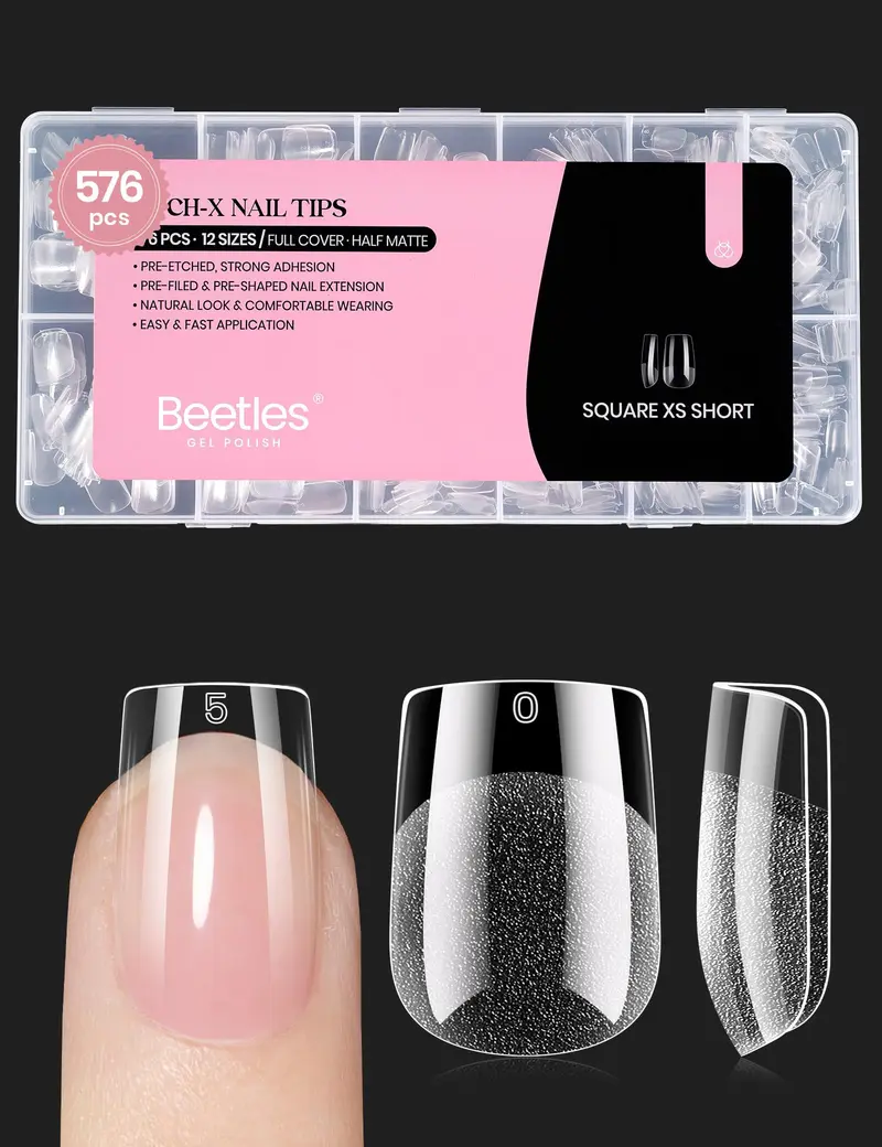 Beetles Gel Polish – Prolongements d’ongles courts carrés, 576 pièces, 12 tailles, préformés