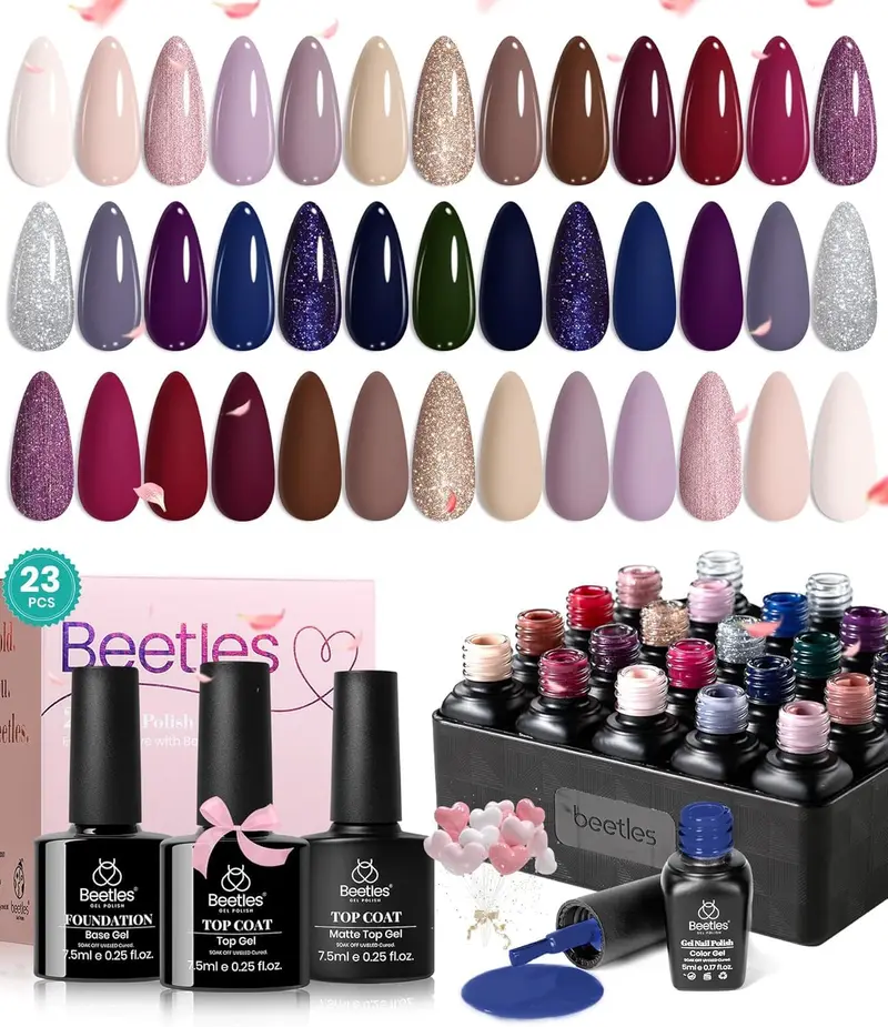 Beetles Gel Polish Set – 20 Couleurs Neutres et Brillantes + Base Coat, Top Coat et Lampe UV – Coffret Manucure