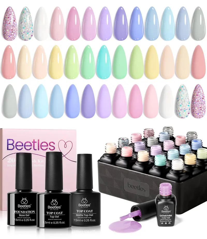 Beetles Gel Polish Set – 23 Pièces Macaroon Couleurs Gel UV avec Base et Top Coat – Brillant et Mat