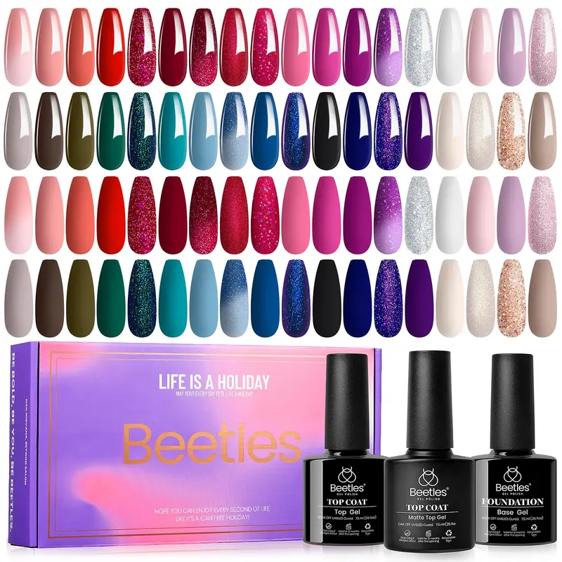 Beetles Gel Polish Set 39 pièces – 36 couleurs + Base et Top Coat pour manucure DIY à la maison