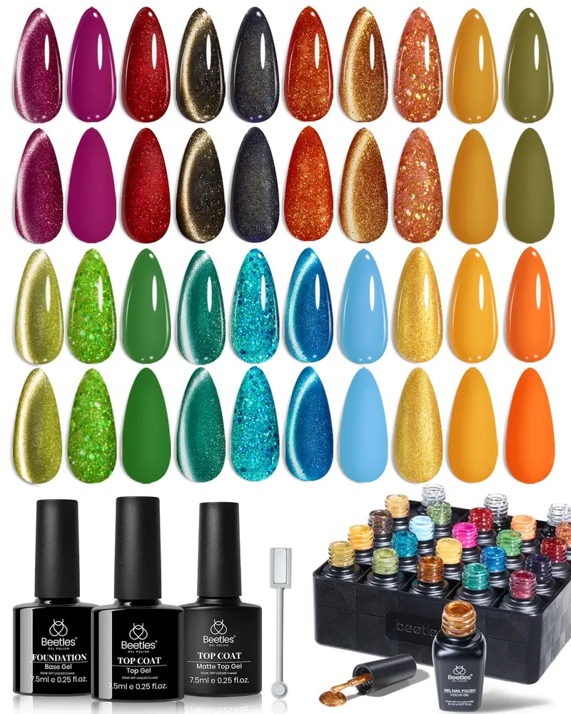 Beetles Gel Polish Set Glint Crush – 20 Couleurs Cat Eye, Rouge Vert Or, Base Glossy & Top Matte