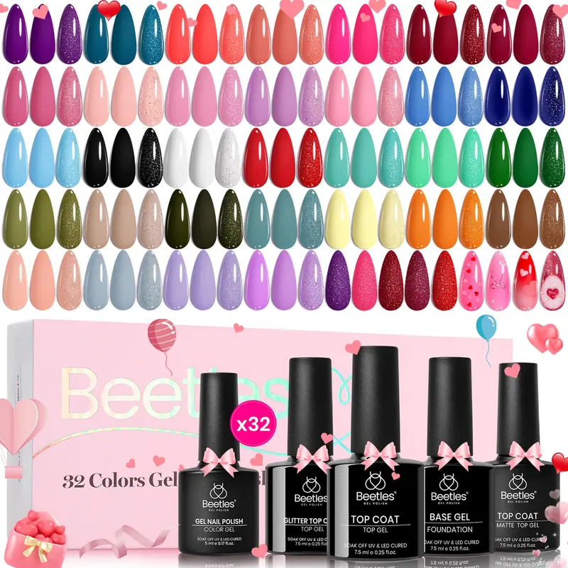 Beetles Gel Polish Set – Palette Fingertip Saint-Valentin, 32 Couleurs, Base & Top Coat, UV/LED