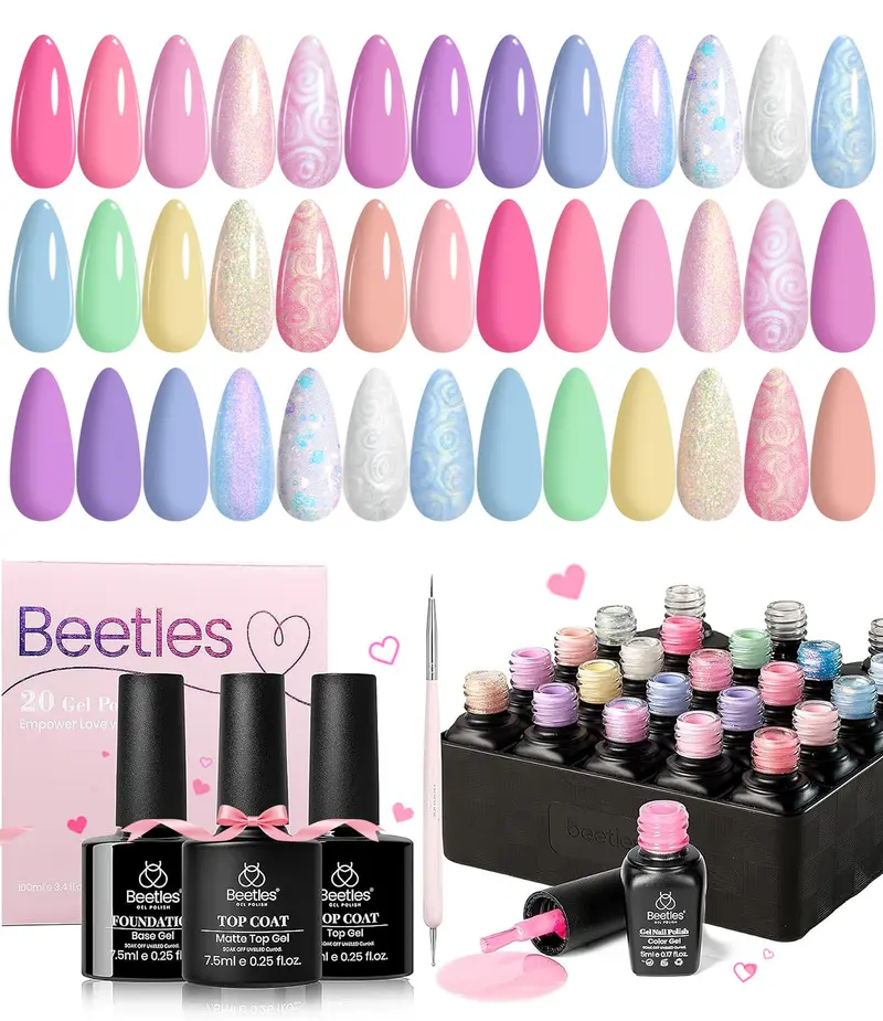 Beetles Gel Polish Set Printemps – 24 pièces, roses/violet/perle/bleu/vert chameleon, base et finition, pinceau double-face, cadeau pour femmes