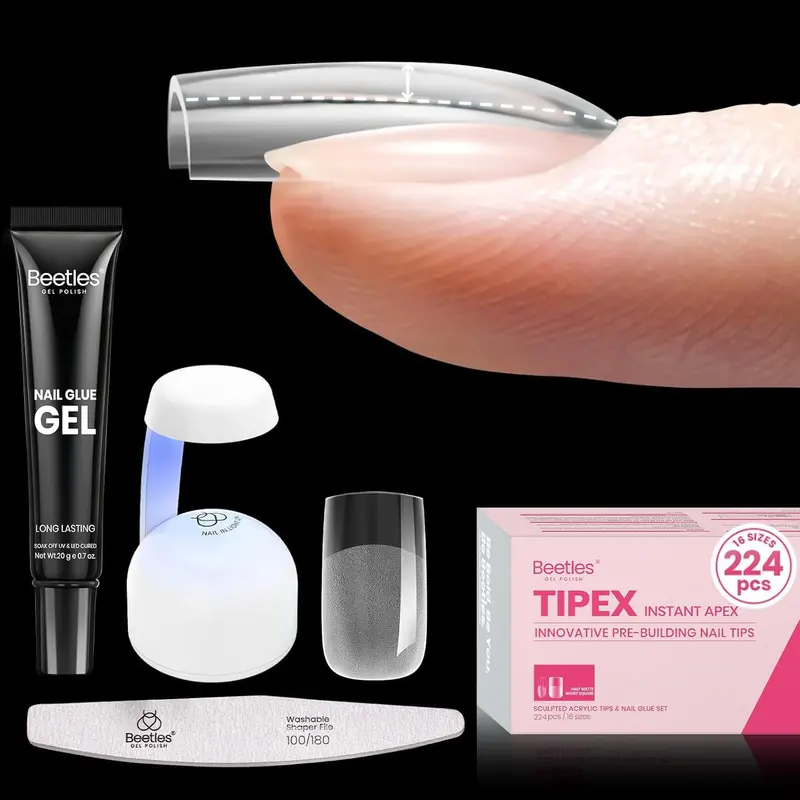 Beetles Gel Polish Tipex Instant Apex – Kit d’Extensions Ongles, 224 Pièces, Colle UV et Mini Lampe