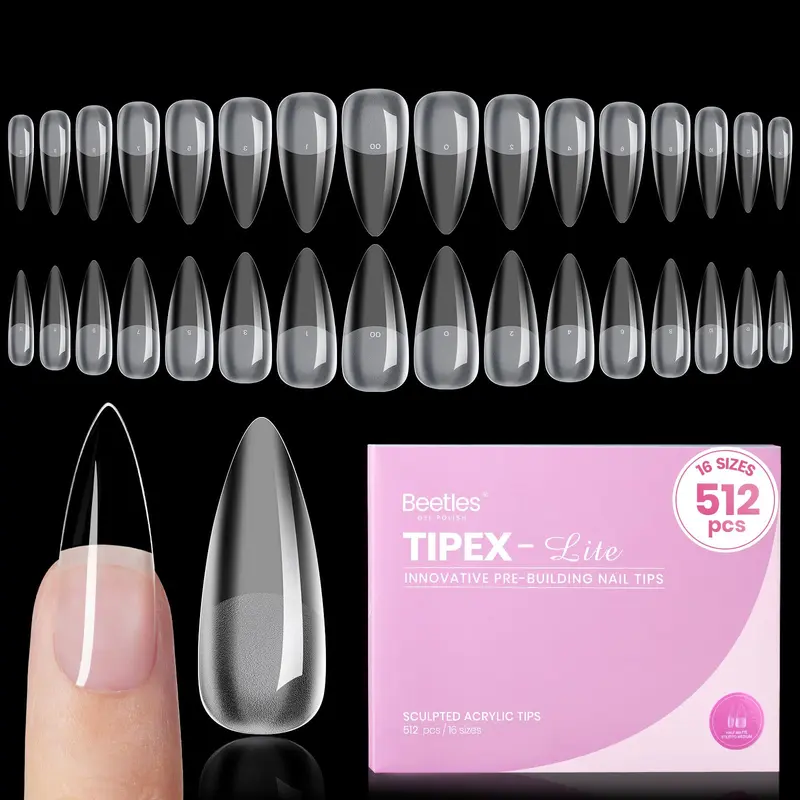Beetles Gel Polish Tippex Lite Apex – Embouts d’ongles Stiletto Moyen, 512 pièces, 16 tailles