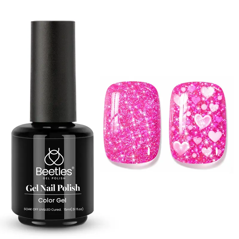 Beetles Gel Polish – Vernis Gel Éclat Valentine Rose Pailleté 15 ml, UV/LED, Nail Art à Domicile, Cadeau pour Femmes