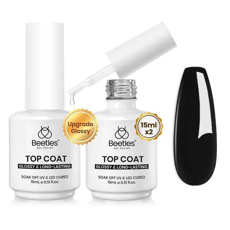 Beetles Gel Top Coat Extra Brillant Sans Essuyage - 2x15ml, Finition Miroir Durable