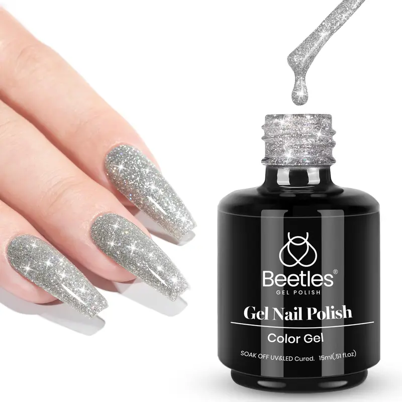 Beetles Gel Vernis à Ongles Paillettes Réfléchissantes Argent, 15 ml – Gel UV/LED pour Nail Art à Faire Soi-Même
