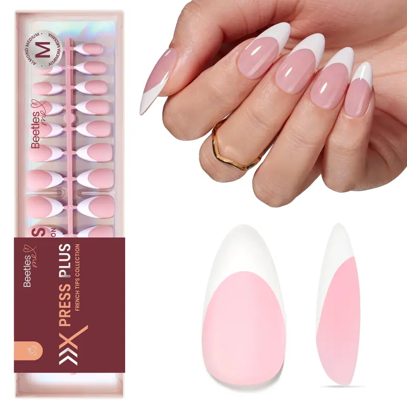 Beetles Gel Vernis – Ongles prêts-à-poser à pointe française rose, 210 pièces