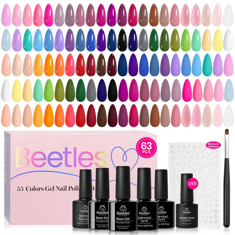 Beetles Gel Vernis – Set Printemps 55 Couleurs avec Bases et Top, Lampe UV/LED, Cadeau Féminin