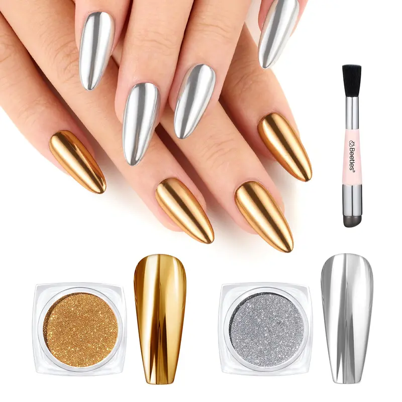 Beetles Gold Chrome Poudre d’Ongles – Or Miroir, 2 Couleurs Holographiques + Pinceau pour Manucure Gel